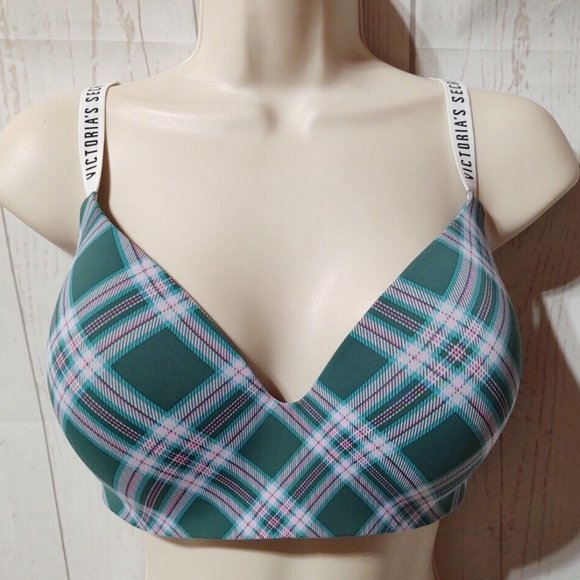 Victoria's Secret Bra 34DDD T-Shirt Lightly Lined Wireless Green Plaid - Picture 2 of 5